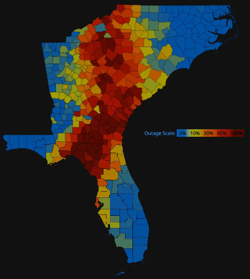 Map of power outages caused by Helene.
There is a swath of destruction, and 100% loss of power, running north to south through the middle of North Carolina, Georgia and Florida 