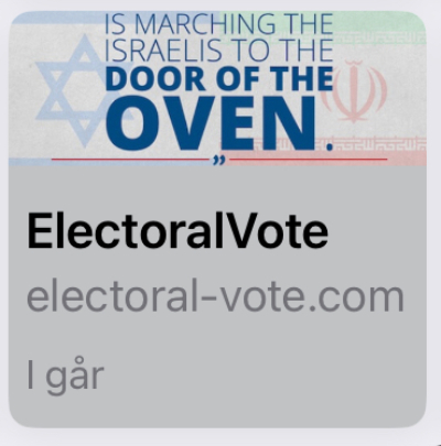 The tile says 'MARCHING THE ISRAELIS TO THE DOOR OF THE OVEN: Electoral-Vote.com