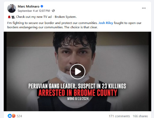 It says 'I'm tighting to secure our border and protect our communities. Josh Riley fought to open our borders endangering our communities. The choice is that clear.' and has
a video featuring an alleged immigrant-gang-leader-murderer.