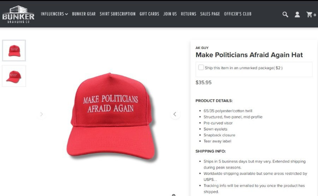 It is styled like the 
red MAGA hats, and says 'Make Politicians Afraid Again'