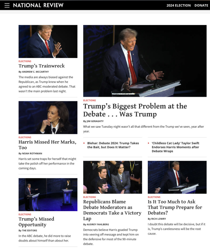 It has half a dozen
Trump-critical headlines, like 'Trump's Biggest Problem at the Debate...Was Trump' and 'Is It Too Much to Ask That Trump
Prepare for Debates?'