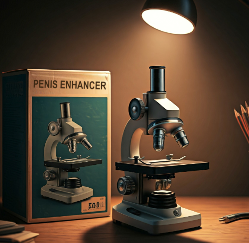 A microscope labeled 'penis enhancer'