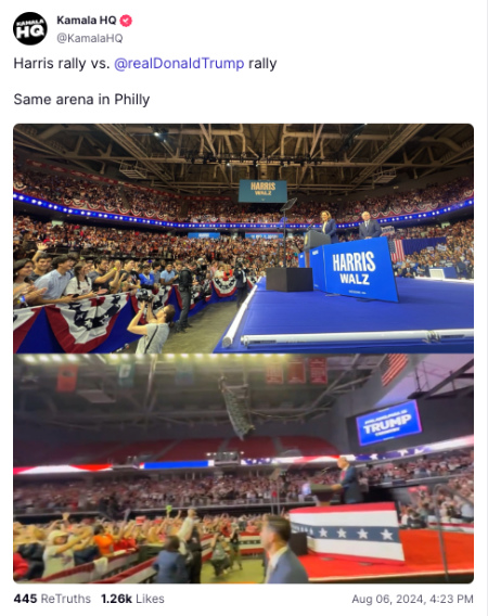 The 'truth' says 'Same arena
in Philly' and it is clear that Harris-Walz is playing to a full house, while for Trump the upper bowl is empty.