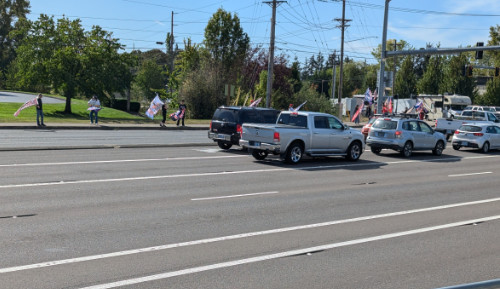 A handful of Trumpers rally
along the side of a fairly large road