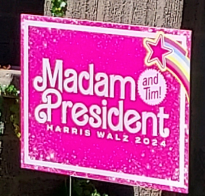 It is pink and in the Barbie font and says 'Madam President and Tim'