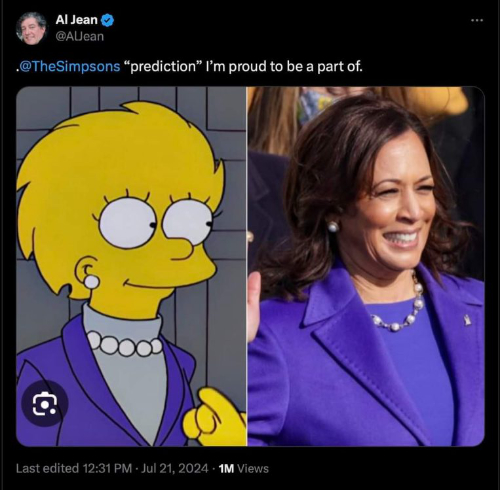 Lisa Simpson in a purple
blazer and pearls; Kamala Harris in a purple blazer and pearls.