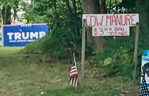 One Trump sign, one sign advertising
manure for $3 a bag