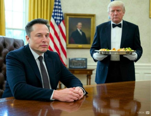 Elon Musk sits at the
Resolute desk, while Donald Trump, in butler's livery, serves Musk some snacks on a silver tray