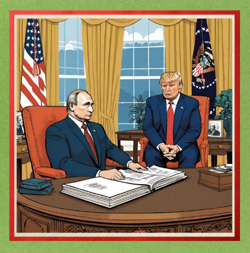 A graphic
comic-style drawing of Trump and Vladimir Putin in the Oval Office, with Putin actually sitting at the 
presidential desk