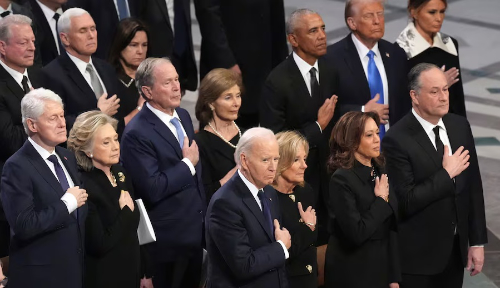 From left to right, Clinton,
Bush Jr., Biden, Obama, and Trump at Jimmy Carter's funeral.